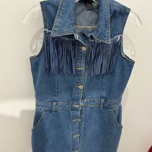 Denim Sleeveless Dress with Fringe